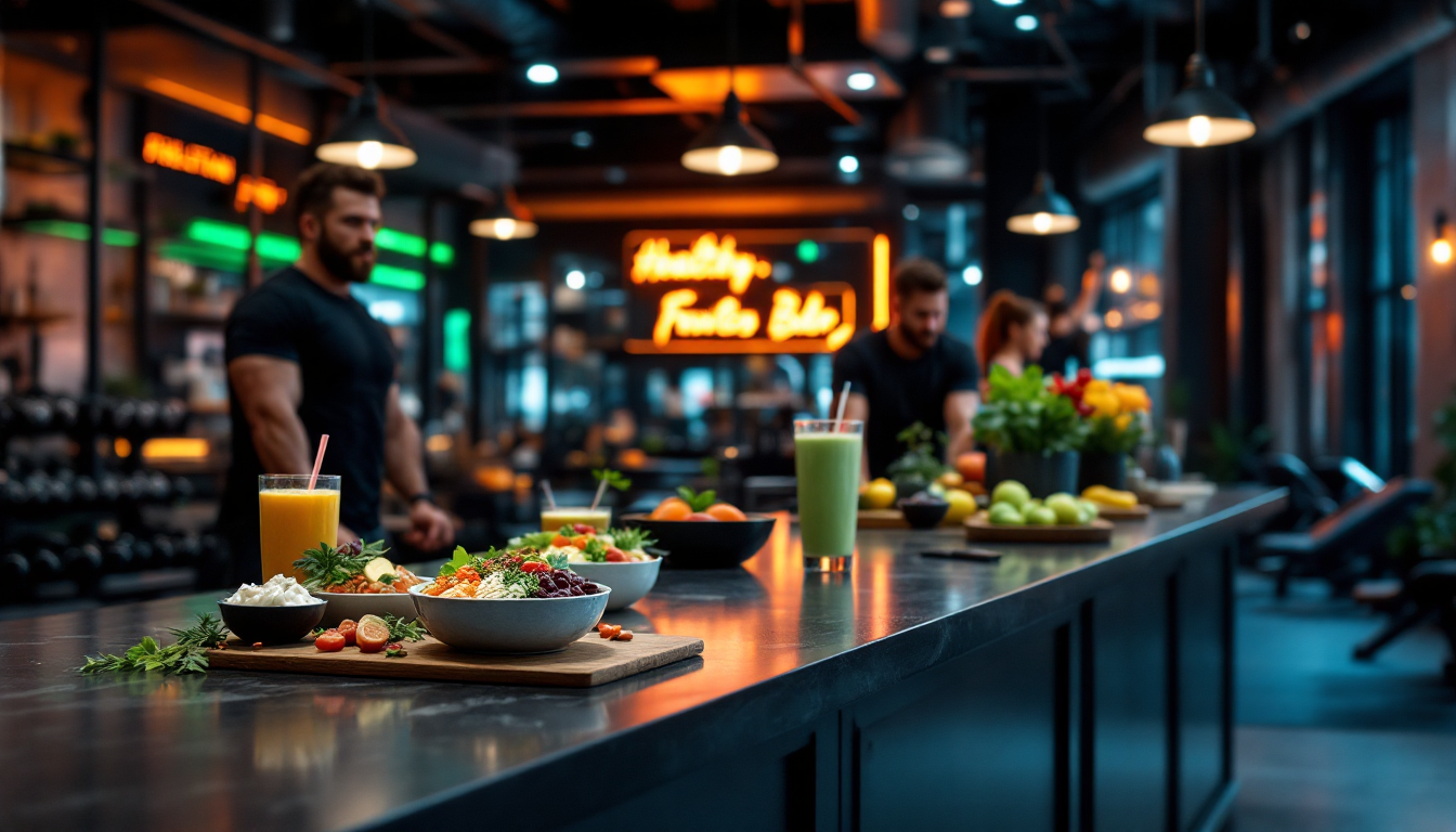 Ilustrace: moderní posilovna spojená s restaurací — v pozadí trénink s činkami, vpředu na pultu misky s jídlem a smoothie pod limetkově zeleným a oranžovým světlem.